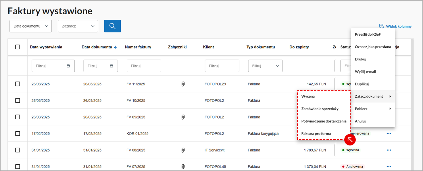 Ekran z tabelą wystawionych faktur